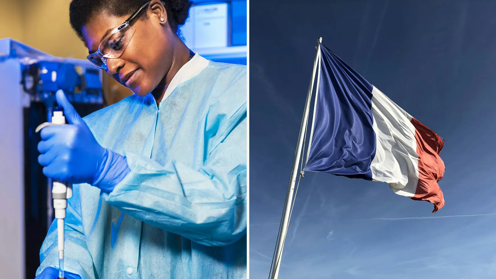 A scientist pipetting samples in a laboratory, next to the French flag against a blue sky